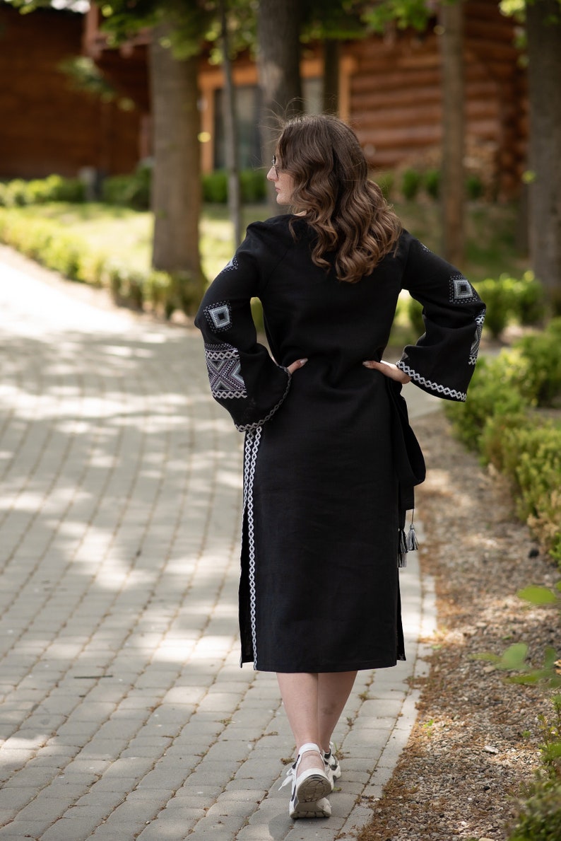 Black Embroidered Linen Dress, Ukrainian Vyshyvanka Maxi Dress, Boho Ethnic Long Dress with Belt, Folk Style vyshyvanka