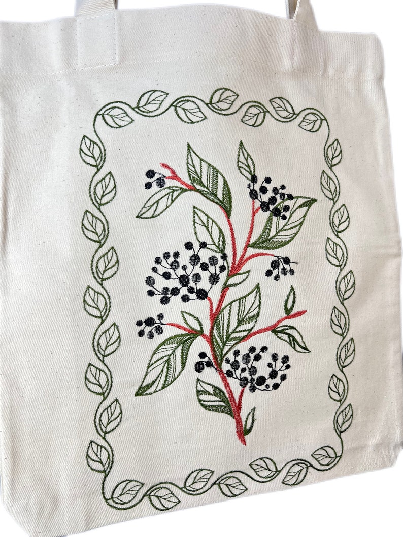 Cotton bag with blooming elderberry embroidery, Eco shopping bag, Beige tote bag, Cotton embroidery shoulder bag, Boho tote bag, Hippie bag imagen 5