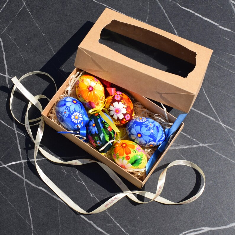 Set of 6 hand painted Easter egg ornaments with ribbons, Ukrainian folk floral wooden eggs, Gift boxed spring decor