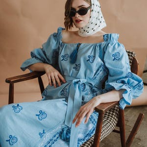 Blue Linen Embroidered Dress for Women with Folk Floral Pattern – Off Shoulder Ethnic Maxi Dress with Belt, Traditional Slavic Style