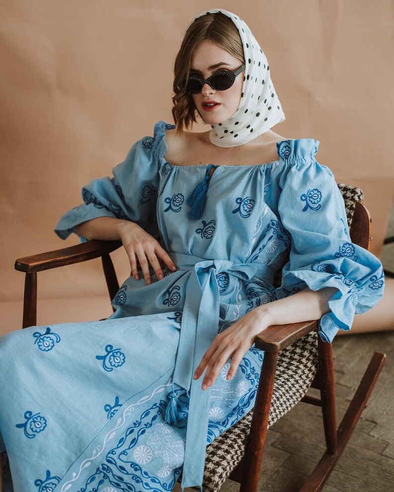 Blue Linen Embroidered Dress for Women with Folk Floral Pattern – Off Shoulder Ethnic Maxi Dress with Belt, Traditional Slavic Style