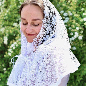 Lace Head Covering with Floral Pattern, Symbolic White Textile Accessory, Decorative Veil for Cultural Styling and Photography