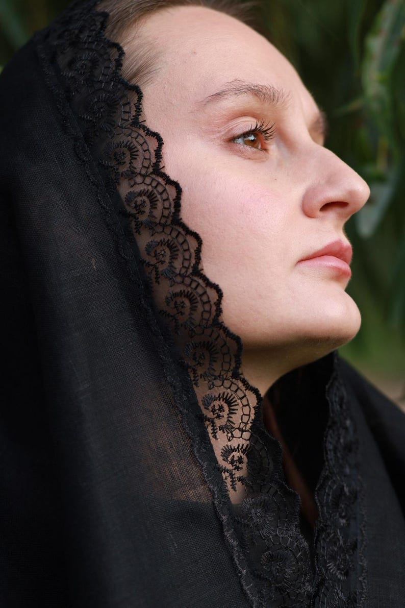 Black lace trim chapel veil scarf mantilla, Modest head covering for church, Orthodox catholic mass, Lightweight linen look prayer shawl