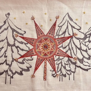 Embroidered pink linen Christmas table runner