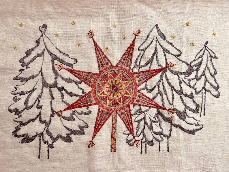 Embroidered pink linen Christmas table runner
