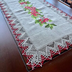 Linen Table Runner with Embroidered Red Berries and Crochet Lace