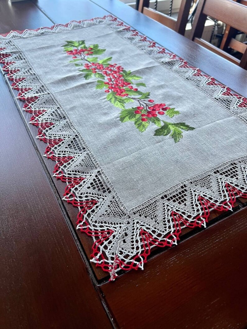 Linen Table Runner with Embroidered Red Berries and Crochet Lace
