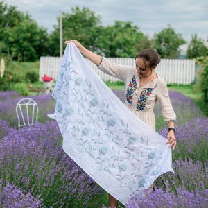 White Linen Shawl with Thistle Floral Embroidery, Lightweight Handmade Scarf, Botanical Wrap, Folk Style Linen Scarf for Women