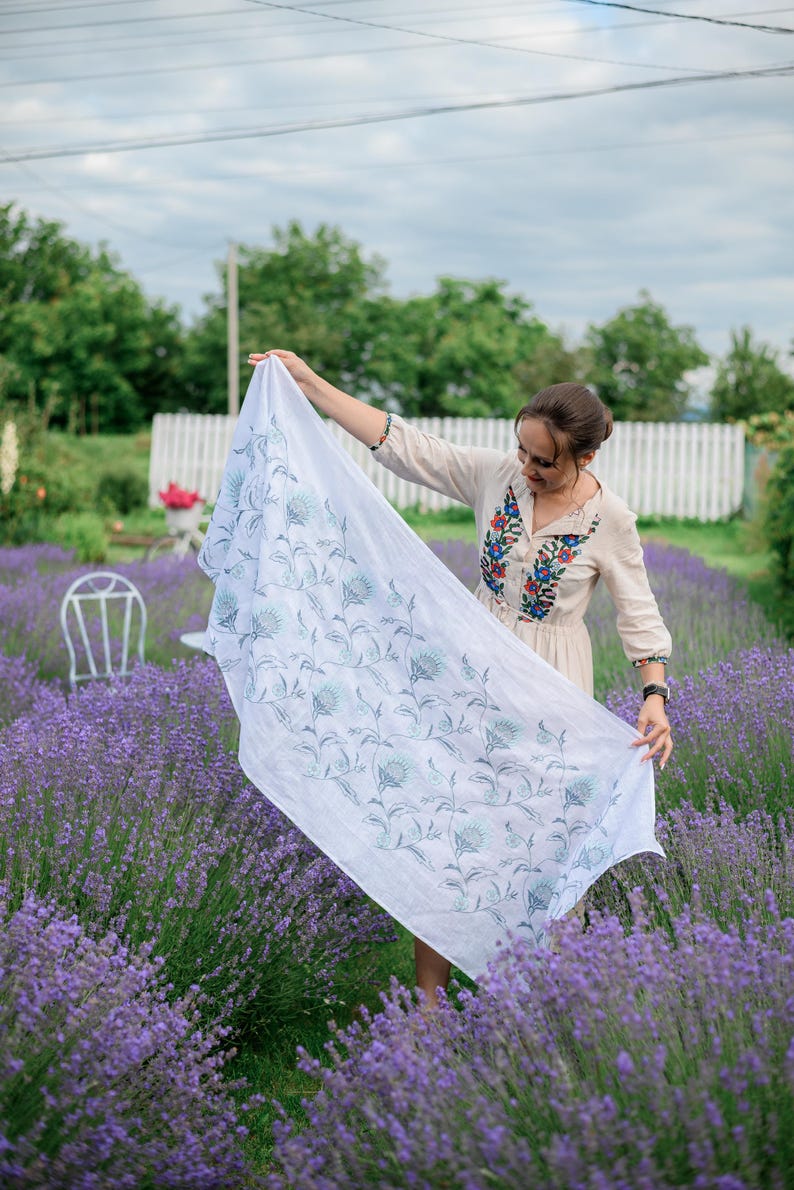 White Linen Shawl with Thistle Floral Embroidery, Lightweight Handmade Scarf, Botanical Wrap, Folk Style Linen Scarf for Women