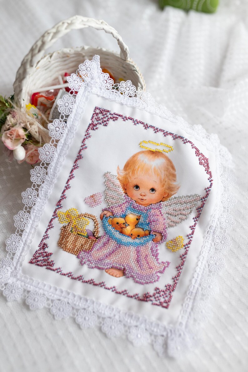 Easter Basket cover with beaded angel design