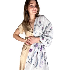 Light white linen scarf with wildflower embroidery for women