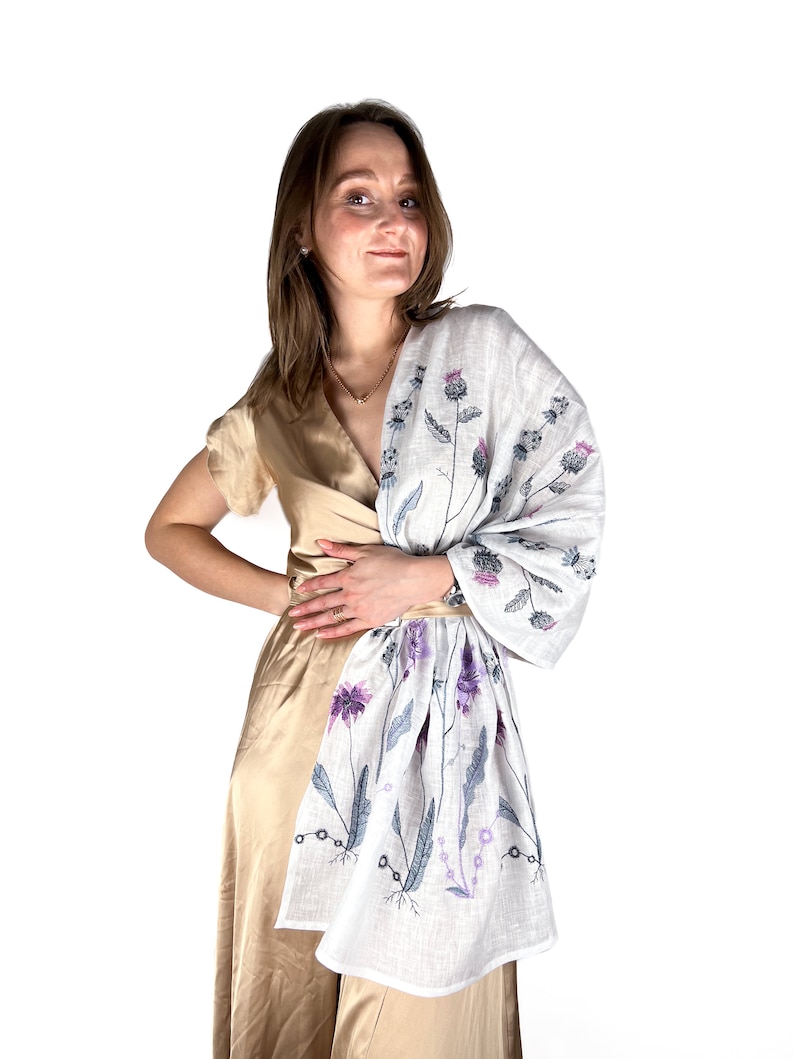 Light white linen scarf with wildflower embroidery for women