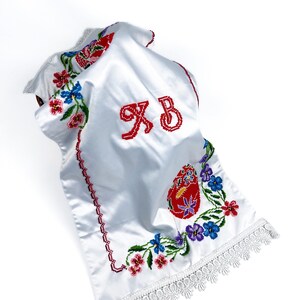 Beaded Satin Easter Basket Cover with Floral Embroidery and Red Pysanka Design, Handcrafted Christian Holiday Decor with Cyrillic Letters