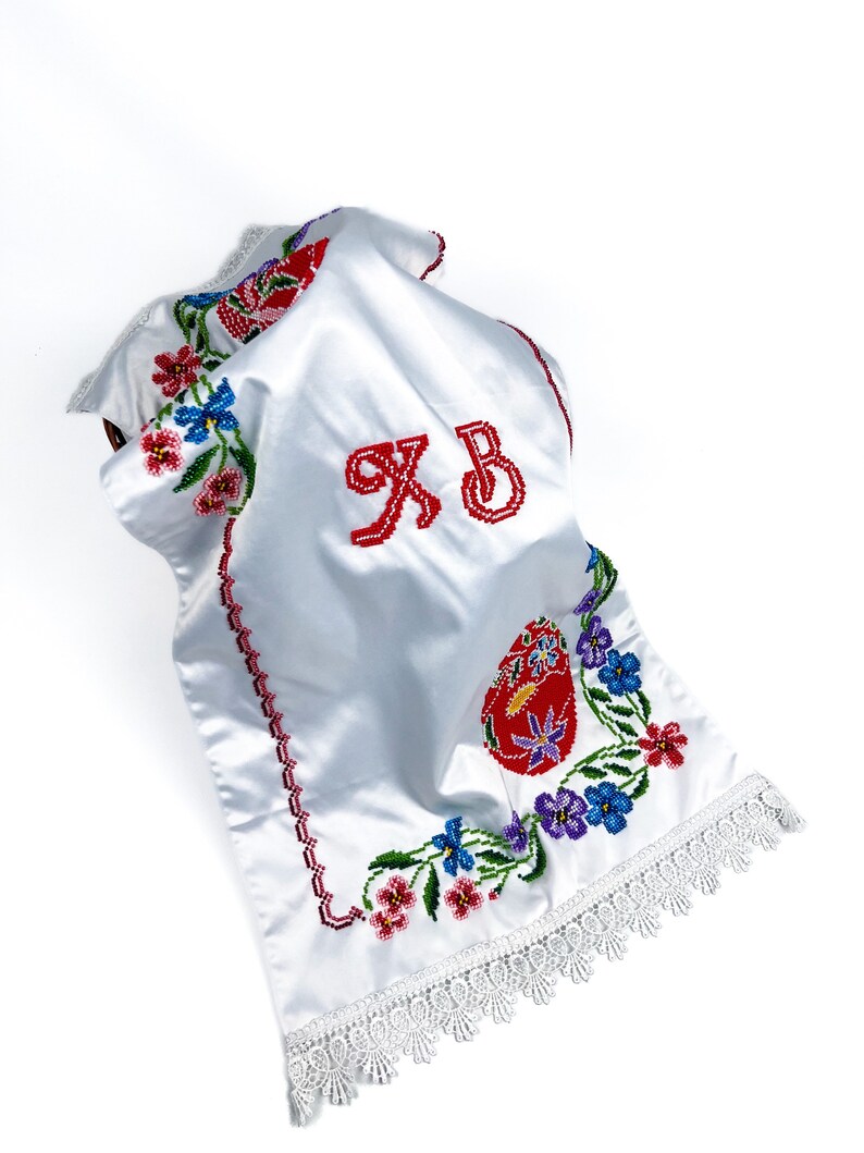 Beaded Satin Easter Basket Cover with Floral Embroidery and Red Pysanka Design, Handcrafted Christian Holiday Decor with Cyrillic Letters
