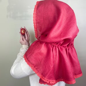 Red linen hooded scarf with lace trim, Lightweight head covering, Vintage inspired capelet