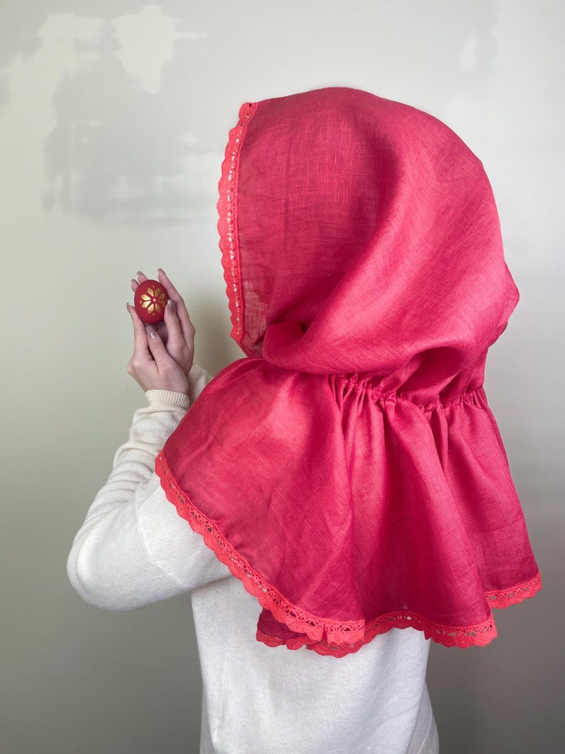 Red linen hooded scarf with lace trim, Lightweight head covering, Vintage inspired capelet