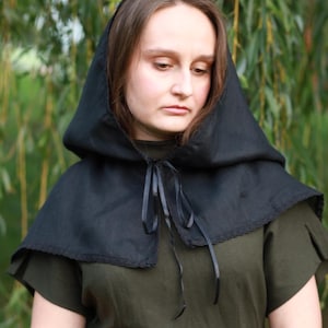 Victorian capelet black linen hooded lace trim shawl with ribbon tie, Modest church veil cowl, Gothic cloak style cover for weddings prayer