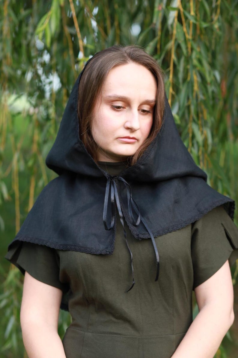 Victorian capelet black linen hooded lace trim shawl with ribbon tie, Modest church veil cowl, Gothic cloak style cover for weddings prayer