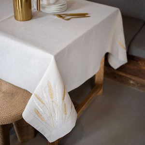 Embroidered Linen Tablecloth with Wheat Motif, Natural White Dining Table Cover, Rustic Farmhouse & Scandinavian Table Decor