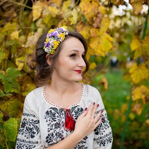 Purple and yellow rustic floral crown, Minimalist headband, Floral tiara for wedding, Children headband, Bridal headpiece image 3