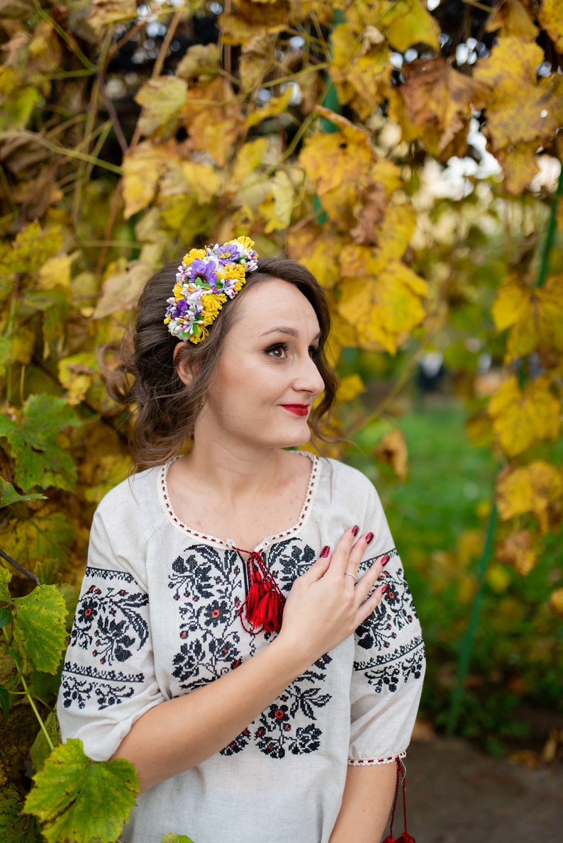 Purple and yellow rustic floral crown, Minimalist headband, Floral tiara for wedding, Children headband, Bridal headpiece image 3