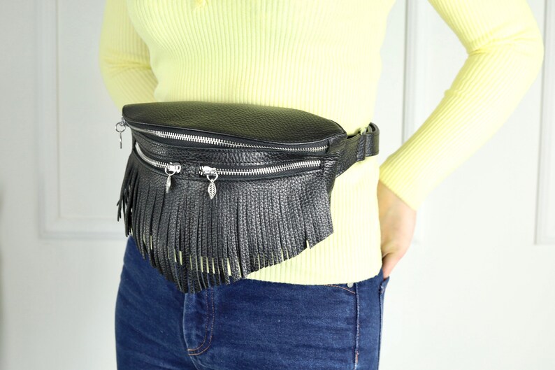 Black Leather Fringe Crossbody Bag with Adjustable Strap, Handmade Boho Waist Bag, Zippered Sling Purse with Leaf Charms