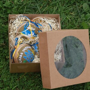 Ukrainian embroidered ornament set of 3, Blue yellow fabric ball baubles with jute hanger, Rustic gift box, Patriotic holiday decor
