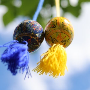 Hand-painted Ukrainian pysanka Easter egg ornaments with tassels