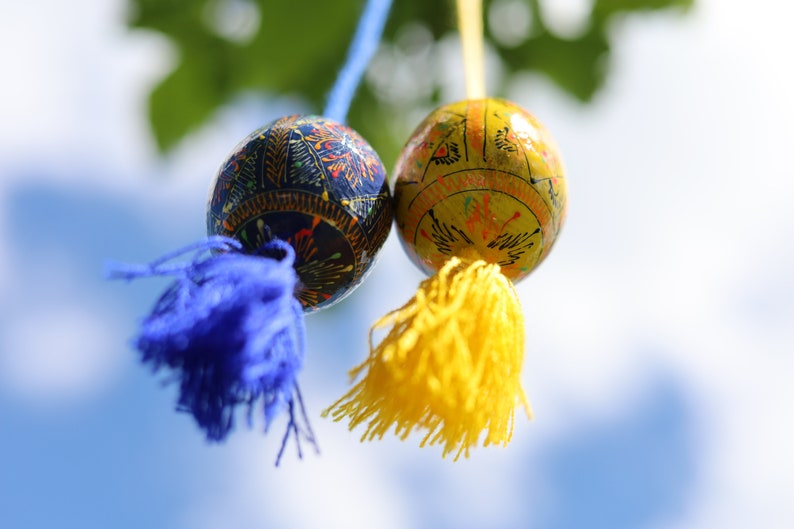 Hand-painted Ukrainian pysanka Easter egg ornaments with tassels