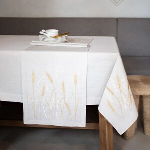 Embroidered Linen Tablecloth with Wheat Motif, Natural White Dining Table Cover, Rustic Farmhouse & Scandinavian Table Decor