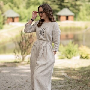 Natural Linen Midi Dress with Botanical Embroidery, 3/4 Sleeves and Elastic Waist – Oatmeal Beige Flax Dress with Pockets, Boho Cottagecore