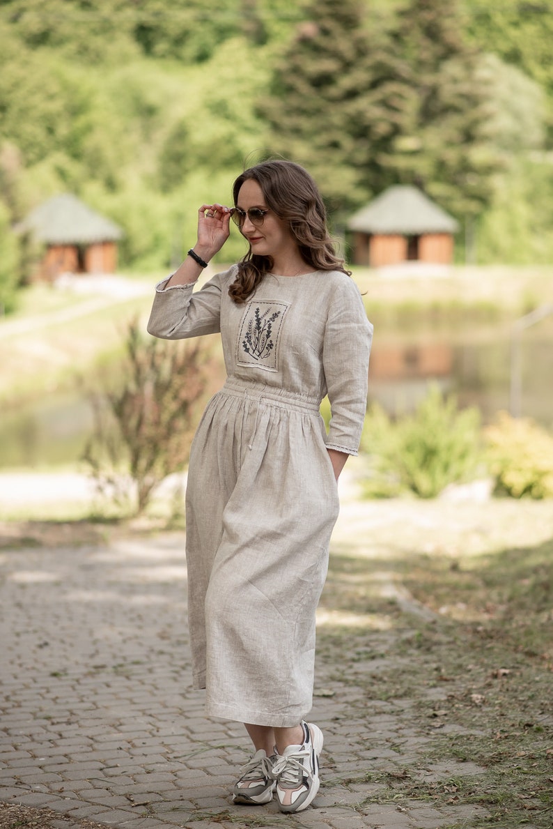 Natural Linen Midi Dress with Botanical Embroidery, 3/4 Sleeves and Elastic Waist – Oatmeal Beige Flax Dress with Pockets, Boho Cottagecore