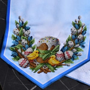 Easter table runner, Blue pascha beaded embroidery with kulich, Pysanky eggs, Pussy willows & chicks, Orthodox spring decor