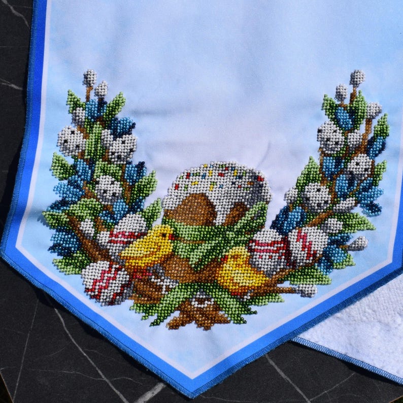 Easter table runner, Blue pascha beaded embroidery with kulich, Pysanky eggs, Pussy willows & chicks, Orthodox spring decor