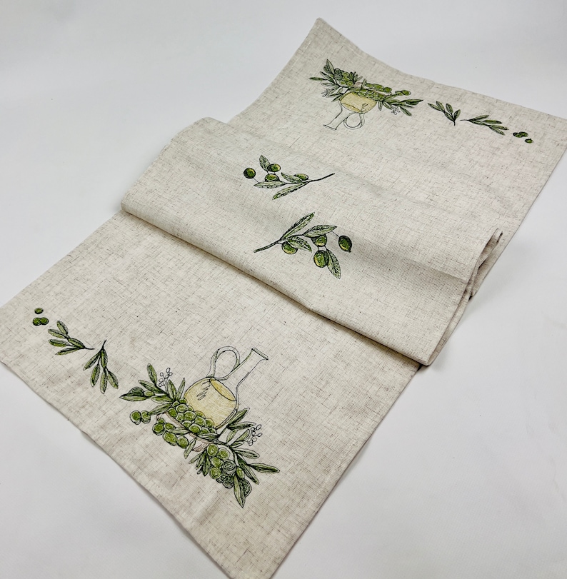 Olive Embroidered Runner, Linen Italian Rug, Vegetable Kitchen, Kitchen Tuscan Decor, Olive Branch Table Topper image 1