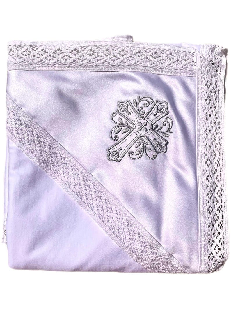 White baptism towel embroidered cross, Hooded christening towel for baby, Baptism towel for girl, Baby boy blessing blanket, Religious gift image 4