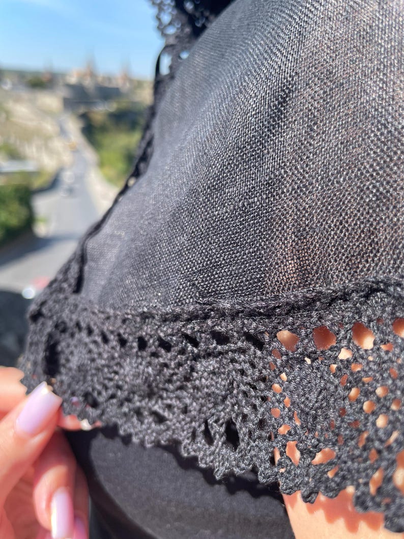 Black chapel veil mantilla snood with crochet lace trim, Modest head covering for orthodox church, Catholic mass, Funeral or prayer shawl