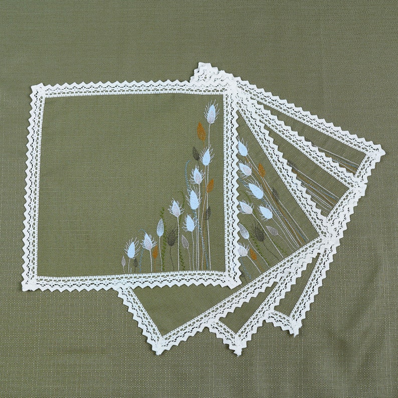 Set of 4 Sheer Lace-Trim Table Napkins with Hand-Painted Floral Design, Elegant Decorative Dinner Napkins for Special Occasions