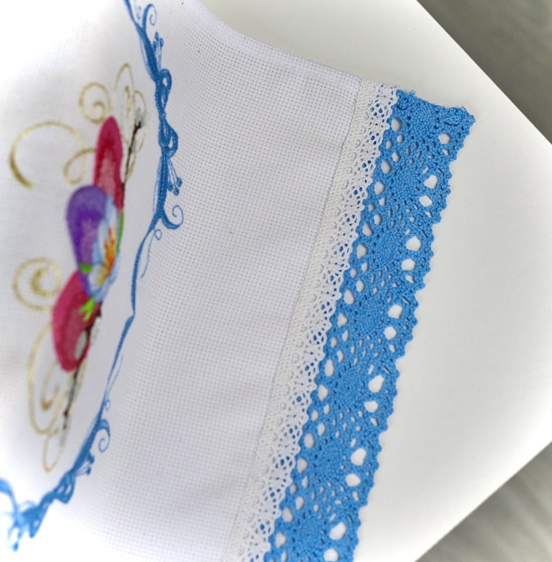 Orthodox Easter Basket Cover Towel with XB Embroidery, Lace Trim, Floral Eggs and Pussy Willow, Slavic Rushnyk for Blessing & Decor