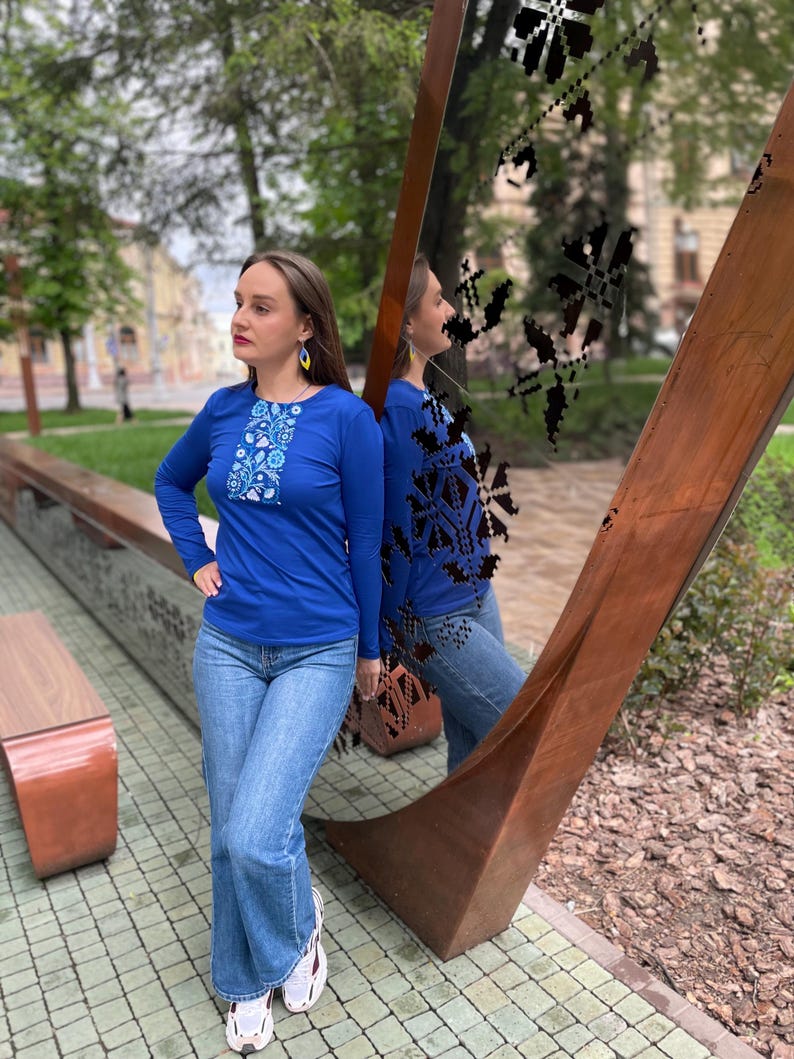 Blue long sleeve shirt with Ukrainian folk embroidery print, Floral slavic design top, Comfortable casual blouse with traditional motifs