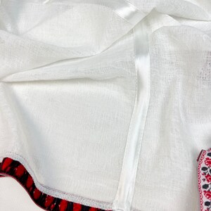 White Linen Hooded Chapel Veil with Ukrainian Red Black Floral Trim, Traditional Mantilla Head Covering with Ties for Church and Prayer