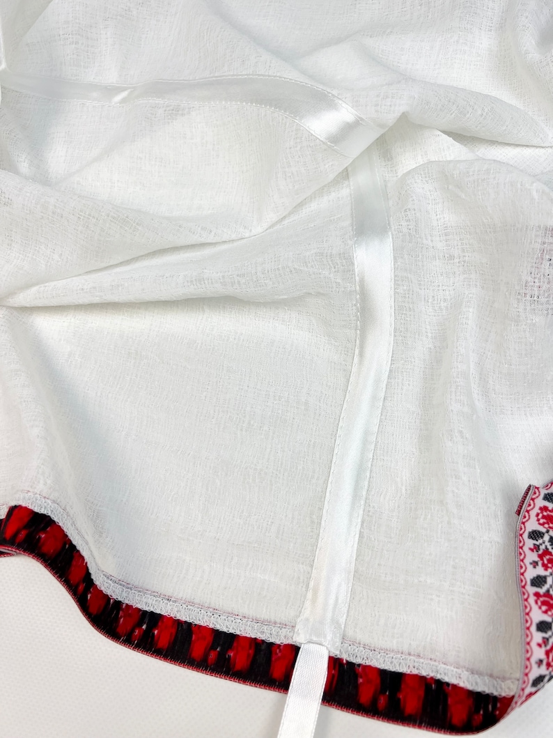 White Linen Hooded Chapel Veil with Ukrainian Red Black Floral Trim, Traditional Mantilla Head Covering with Ties for Church and Prayer
