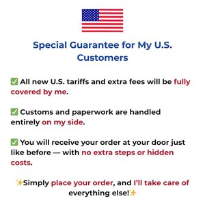 May include: Image with the American flag at the top, followed by text in blue and green. The text states a special guarantee for U.S. customers, covering tariffs, paperwork, and hidden costs. The message encourages customers to place their order.