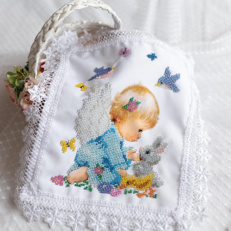 Beaded Angel Easter Basket Cover with Bunny and Birds, Handmade Cloth with Seed Bead Embroidery, Christian Holiday Blessing Decoration