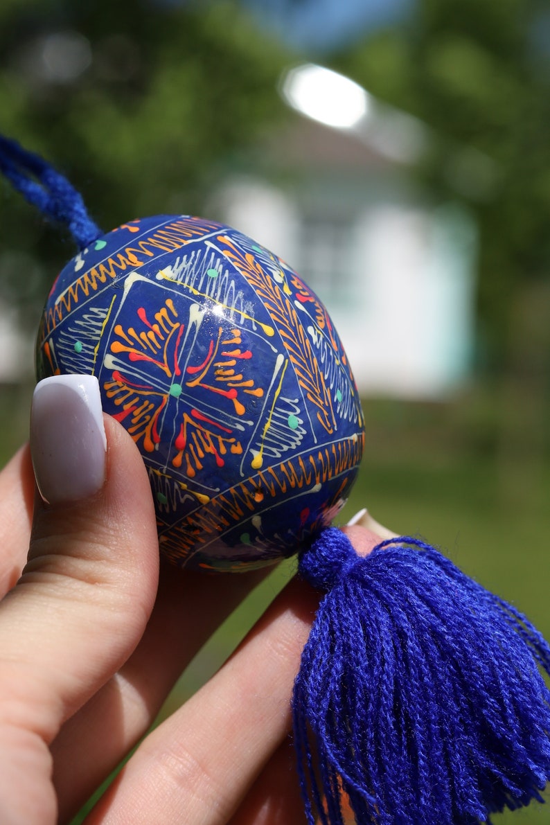 Hand-painted Ukrainian pysanka Easter egg ornaments with tassels