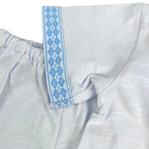 May include: A light blue shirt with a blue and white checkered trim around the collar.
