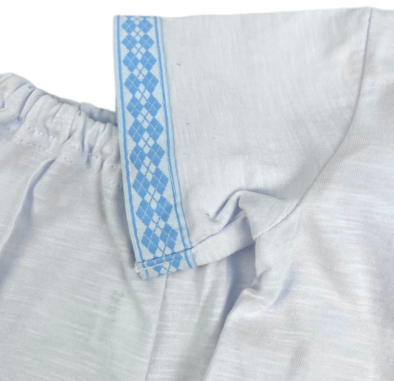 May include: A light blue shirt with a blue and white checkered trim around the collar.