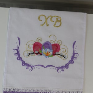 Orthodox Easter Basket Cover Towel with XB Embroidery, Purple Lace Trim, Floral Eggs and Pussy Willow, Slavic Rushnyk for Blessing & Decor