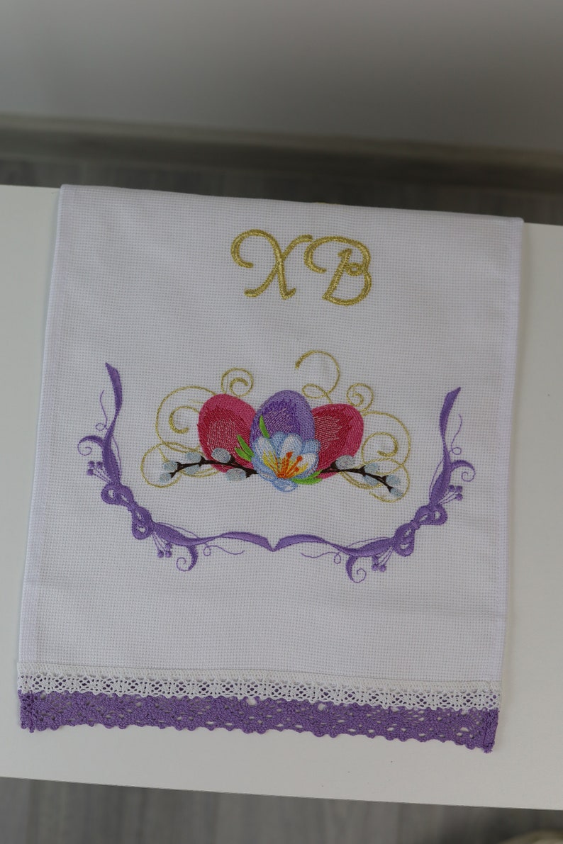 Orthodox Easter Basket Cover Towel with XB Embroidery, Purple Lace Trim, Floral Eggs and Pussy Willow, Slavic Rushnyk for Blessing & Decor