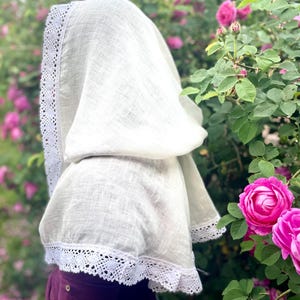 Handmade ivory linen chapel veil for women with crochet lace trim